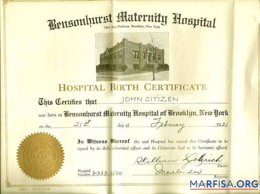 Printable New York Bensonhurst Maternity hospital birth certificate example